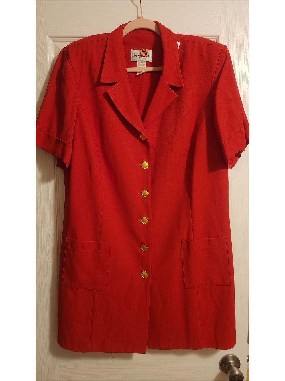 Vintage Retro Red Short-Sleeve Button Front Blazer Dress with Gold Buttons